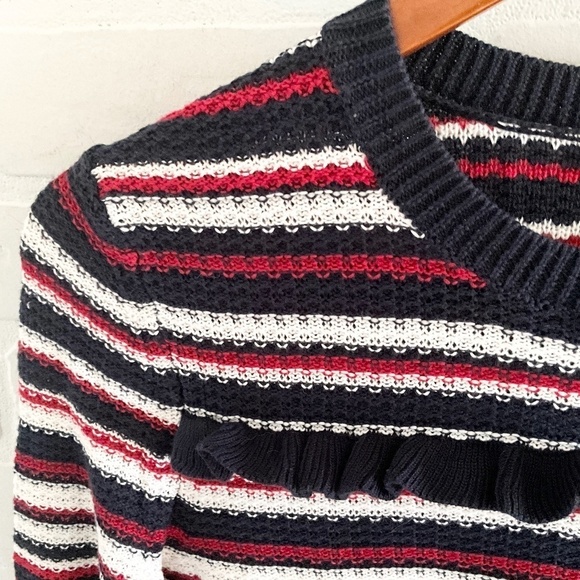 Brooks Brothers Women’s Red Fleece Knit Sweater cotton Ruffle Navy red White S - Picture 8 of 10